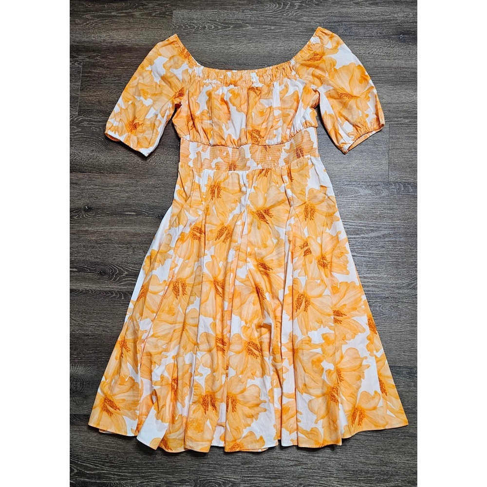 INC International Women's Orange Floral Smocked Cotton Midi Dress Size XL - Picture 2 of 10